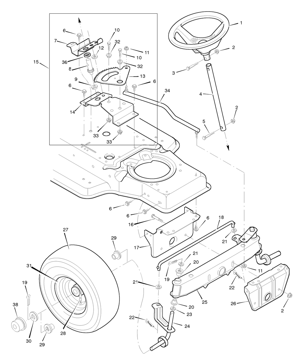 Steering Diagram and Parts List for 38702X8E 1996 Briggs and Stratton Lawn Tractor